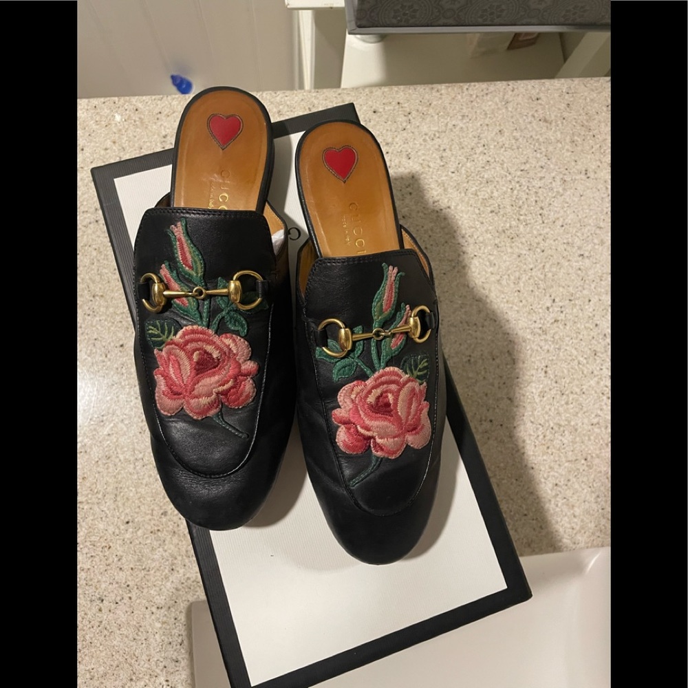 Gucci Princetown Flower Leather Mules 37